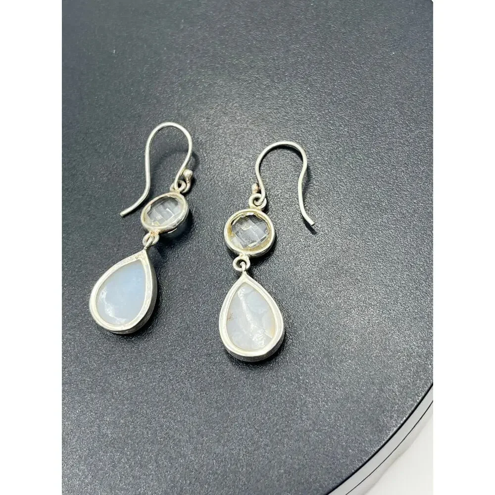 Vintage Sterling Silver 925 Titanium Druzy Clear‎ Rock Quartz Dangle Earrings